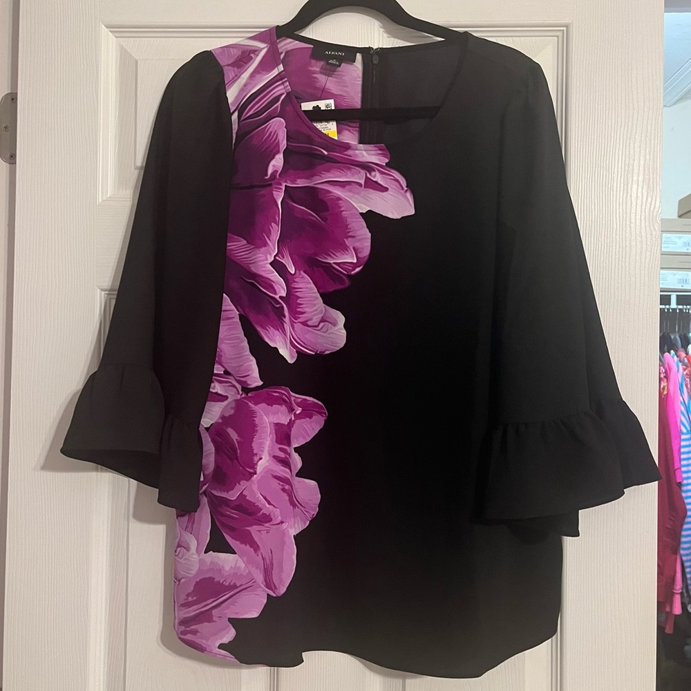 NWT Size Medium Black Floral Blouse by Alfani with Floral Detail